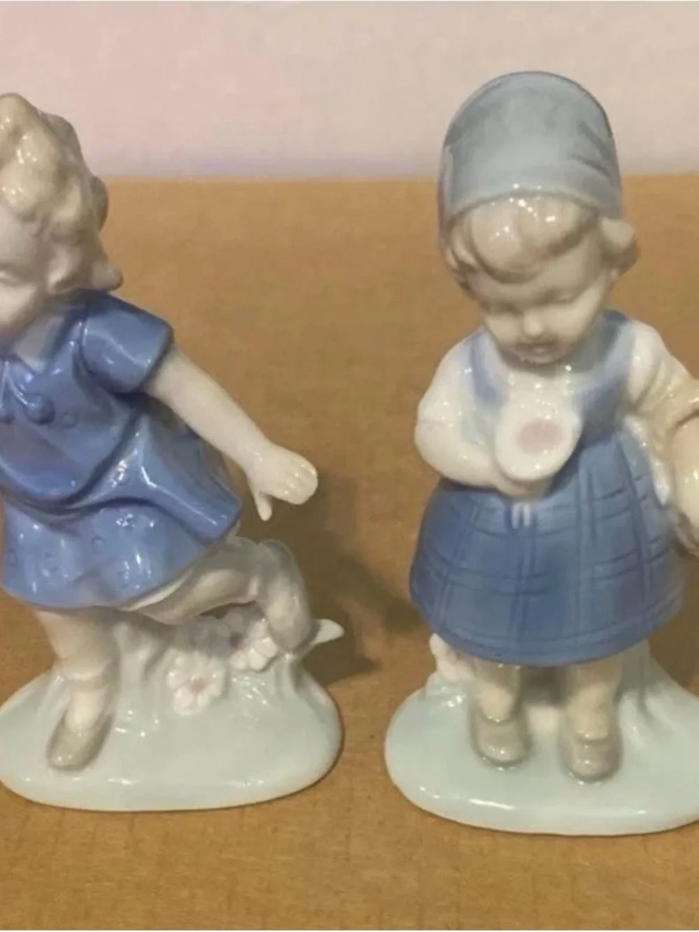 Blue Porcelain Girl Figurine Pair - Decorative Home Accent